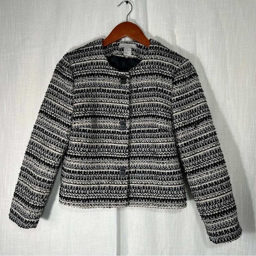 H&M Cropped Metallic Thread Tweed Striped Long Sleeve Jacket Blazer Sz 8